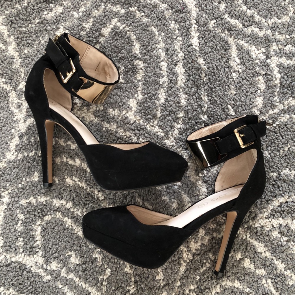Aldo Dwaydien Platform Heels Black w/ Gold Ankle Strap Size 6.5